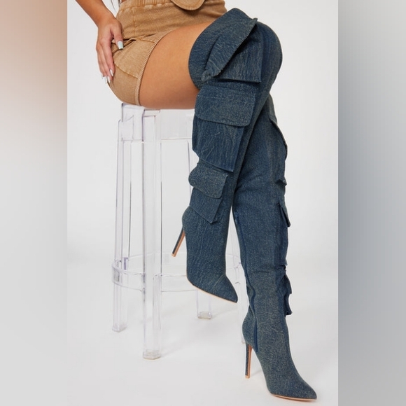 True denim  "Cascading Denim" Elegant Denim Over the Knee Boots (NEW) - Picture 3 of 4